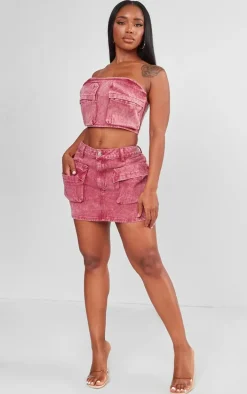 Shape Washed Red Denim Pocket Detail Bandeau Crop Top
