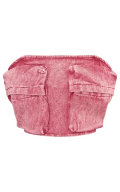 Shape Washed Red Denim Pocket Detail Bandeau Crop Top