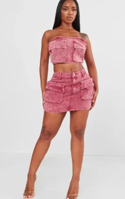 Shape Washed Red Denim Pocket Mini Skirt