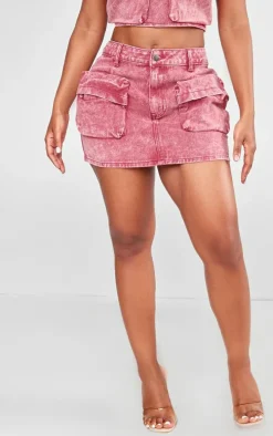 Shape Washed Red Denim Pocket Mini Skirt