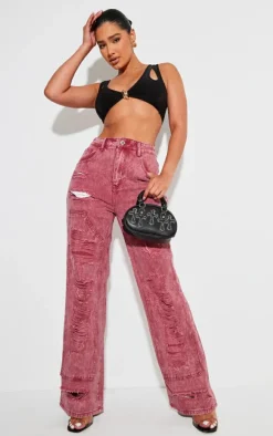 Shape Washed Red Distressed Detail Wide Leg Jeans