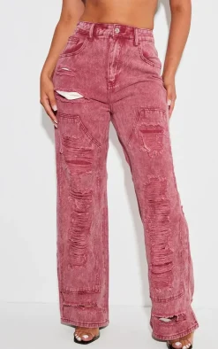 Shape Washed Red Distressed Detail Wide Leg Jeans
