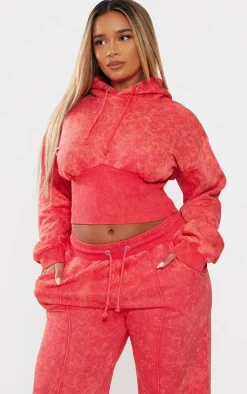 Shape Washed Red Sweat Cropped Shirred Waist Hoodie
