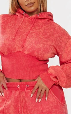 Shape Washed Red Sweat Cropped Shirred Waist Hoodie