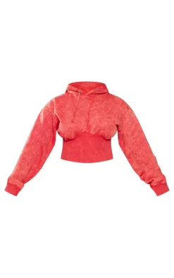 Shape Washed Red Sweat Cropped Shirred Waist Hoodie
