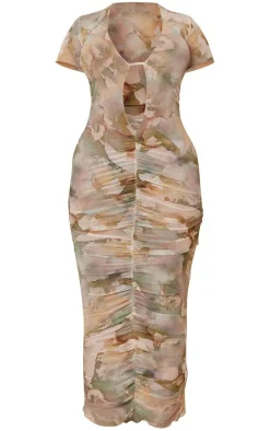 Shape Watercolour Print Sheer Mesh Plunge Ruched Midaxi Dress