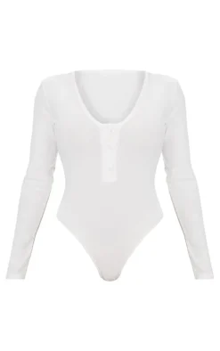 Shape White Button Detail Long Sleeve Ribbed Bodysuit