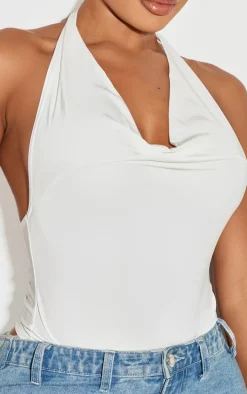 Shape White Halter Cowl Neck Open Back Bodysuit