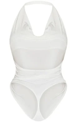 Shape White Halter Cowl Neck Open Back Bodysuit