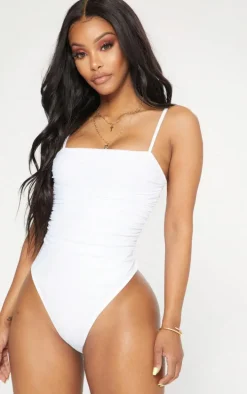 Shape White Mesh Ruched Detail Thong Bodysuit