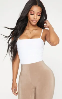 Shape White Mesh Ruched Detail Thong Bodysuit