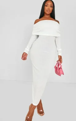 Shape White Rib Bardot Long Sleeve Maxi Dress