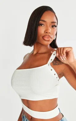 Shape White Rib Cut Out Studded Strap Crop Top