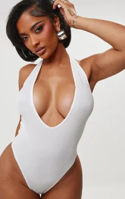 Shape White Ribbed Halterneck Plunge Bodysuit