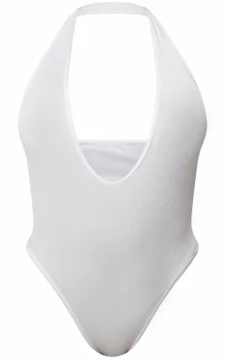 Shape White Ribbed Halterneck Plunge Bodysuit