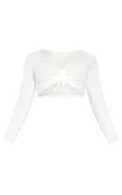 Shape White Ribbed Long Sleeve Ruched Front Crop Top