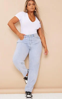 Shape White Ribbed Plunge Short Sleeve Bodysuit