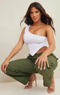 Shape White Slinky One Shoulder Curved Hem Crop Top