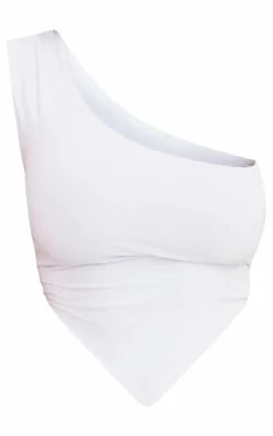 Shape White Slinky One Shoulder Curved Hem Crop Top