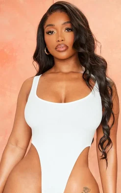 Shape White Structured Snatched Rib High Rise Bodysuit
