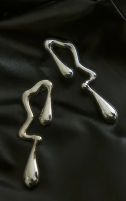 Silver Abstract Curved Drop Statement Earrings