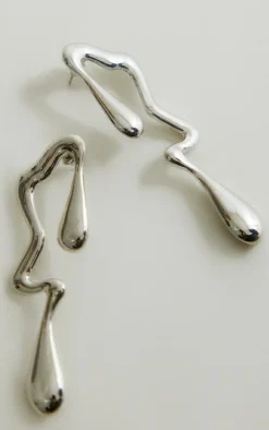 Silver Abstract Curved Drop Statement Earrings
