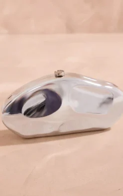 Silver Abstract Oval Hard Clutch Bag