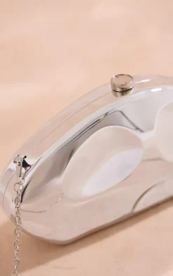 Silver Abstract Oval Hard Clutch Bag