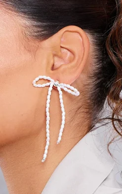 Silver Beaded Bow Tassel Earrings