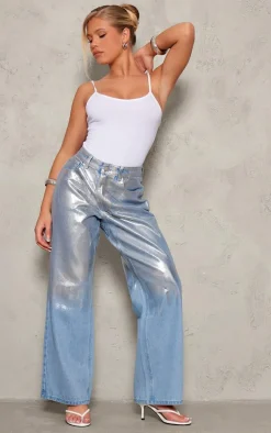 Silver Brushstroke Metallic Wide Leg Jeans