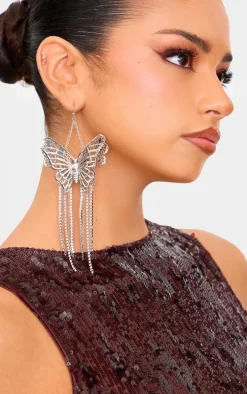 Silver Butterfly Diamante Drop Tassel Statement Earrings