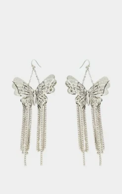 Silver Butterfly Diamante Drop Tassel Statement Earrings