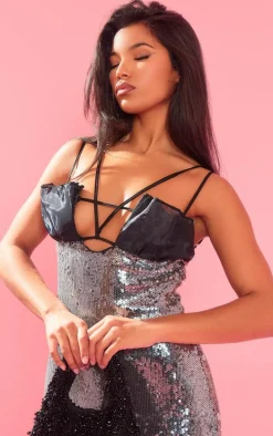 Silver Chiffon Bust Detail Sequin Split Maxi Dress