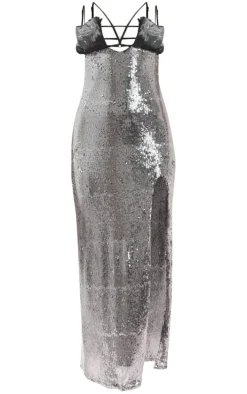 Silver Chiffon Bust Detail Sequin Split Maxi Dress