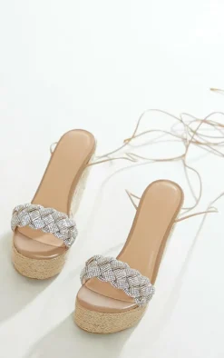 Silver Chunky Diamante Plait Strap Raffia Wedge Sandals