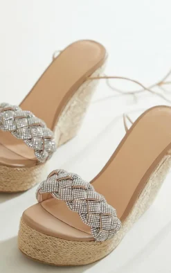 Silver Chunky Diamante Plait Strap Raffia Wedge Sandals
