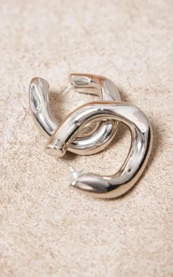 Silver Chunky Link Wave Hoop Earrings