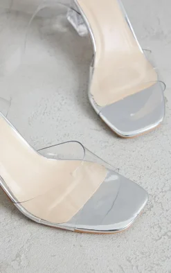 Silver Clear Ankle Strap Block Cone Heeled Sandals
