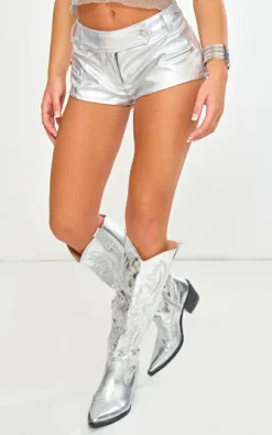 Silver Coated Denim Zip Detail Hot Pants