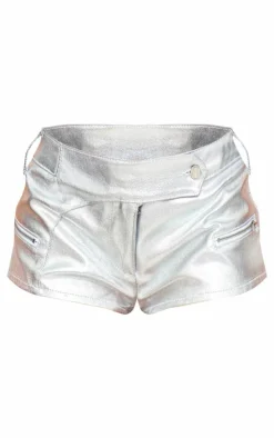 Silver Coated Denim Zip Detail Hot Pants