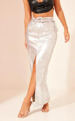 Silver Coated Split Back Maxi Skirt