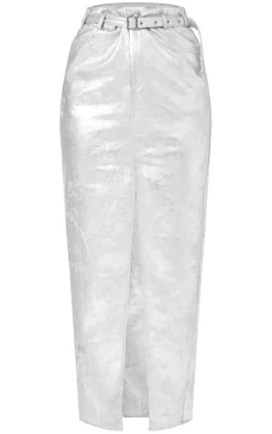 Silver Coated Split Back Maxi Skirt