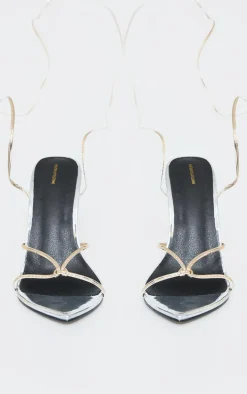 Silver Contrast Pu Point Toe Lace Up Heeled Sandals