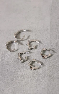 Silver Crinkle Abstract Hoop Earrings Multipack