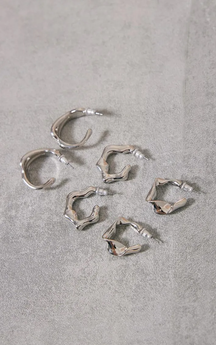 Silver Crinkle Abstract Hoop Earrings Multipack