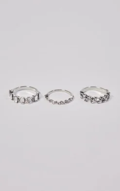Silver Diamante Baguette 3 Pack Ring Set