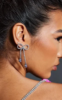 Silver Diamante Bow Gem Drop Earrings