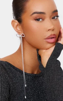 Silver Diamante Bow Long Statement Earrings