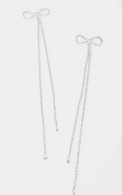 Silver Diamante Bow Long Statement Earrings