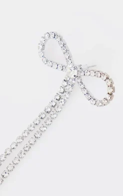Silver Diamante Bow Long Statement Earrings